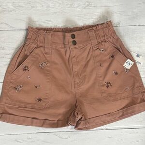 NWT Arizona Jean Co Paperbag Waist Shorts Women’s Size 5 Pink Floral Embroidered